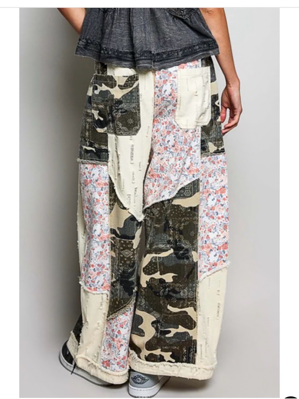 Wide-Leg Patchwork Pants in Olive & Cream - Picture 3 of 11